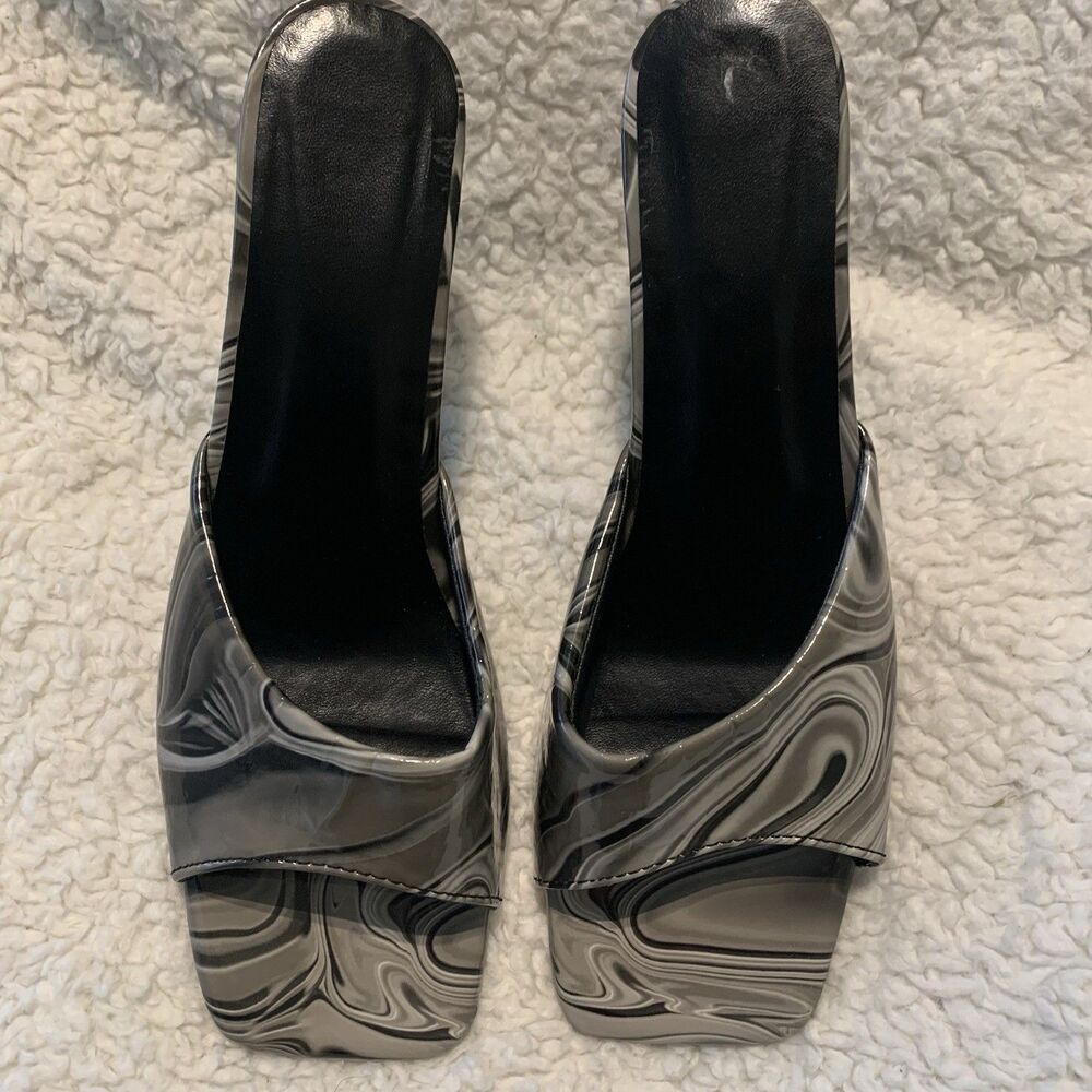 Black Gray Swirl Slip On Mules Women's Sz 11 Clear Heel Square Toe Modern Chic